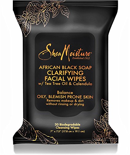 Shea Moisture Makeup Remover Face Wipes, African Black Soap, with Tea Tree Oil & Calendula, Removes Makeup & Dirt to Clarify Oily Blemish Prone Skin. 30 Biodegradable Wipes