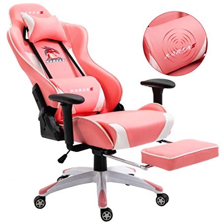 KARXAS Ergonomic Gaming Chair High-Back Racing Style Gamer Chair PU Leather Height Adjustable Computer Desk Chair with Massage Lumbar Recliner Footrest and Headrest(Pink)