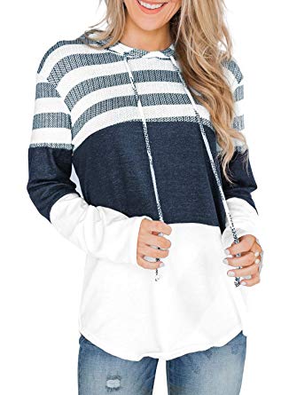 Women Hoodies Long Sleeve Drawstring Sweatshirts Color Block Striped Pullover Top