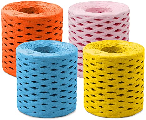 2624 Feet Christmas Raffia Ribbon,4 Rolls Raffia Paper Ribbon Christmas Gift Packing Ribbon for Gift Packing and Wrapping,DIY Craft, Holiday Decoration,656 Feet Each Roll (Orange,Pink,Blue,Yellow)