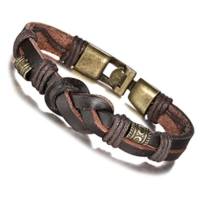 FIBO STEEL.Vintage Alloy Braided Leather Bracelet for Men Wrist Rope, 8.5 inches