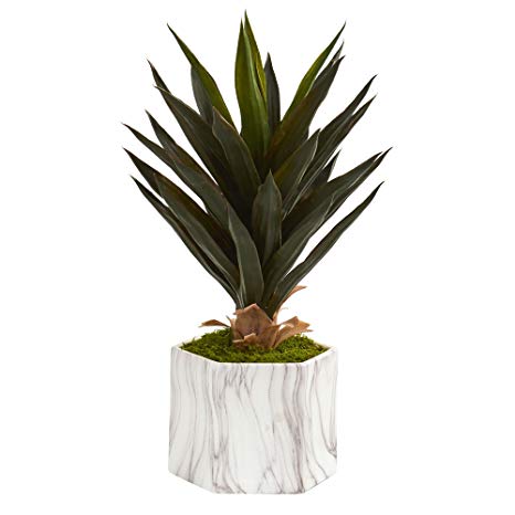 Nearly Natural 5651 Agave Artificial Plant in Marble Finish Pot, Green