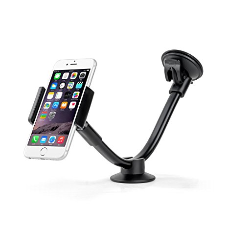 Travel Ease Universal Long Arm Windshield Car Mount Holder with Sticky Skid-Proof Gel Pad 360 Degree Rotation Adjustable TWO Clamps for 6( )/6S/6/5S,Samsung S7/6, Note 5/4/3 Smart Phone and Mini Pad