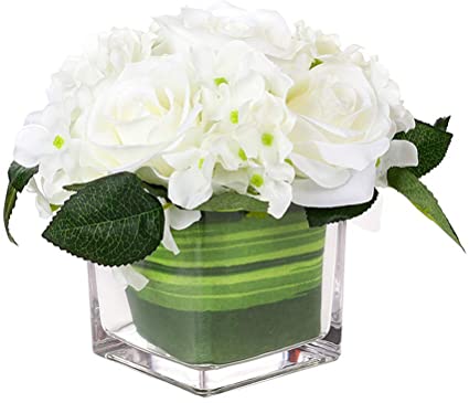 Fule Artificial Silk Rose Flower Centerpiece Arrangement in vase for Home Wedding Decoration (White)