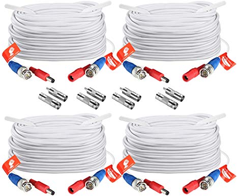 ZOSI 4 Pack 100ft (30 M) 2-in-1 Video Power Cable, BNC Extension Surveillance Camera Cables for Security Camera DVR Systems (White)