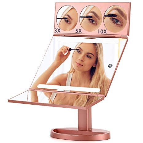 Large Led Makeup Mirror, Magicfly Xlarge 18.8inch 26 LED Lighted Vanity Mirror with 10X/5X/3X Magnification, Tri-Fold Cosmetic Mirror with Touch Screen & 360°Rotation, Rose Gold