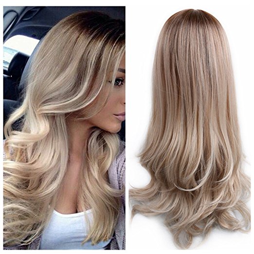 Lady Miranda Ombre Wig Brown To Ash Blonde High Density Heat Resistant Synthetic Hair Weave Full Wigs For Women(Brown&Ash blonde)
