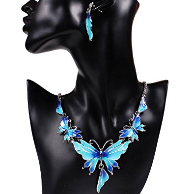 Girl Era Excellent 3D Enamel Butterfly V Pendant Collar Jewelry Bib Necklace Stud Earrings Set