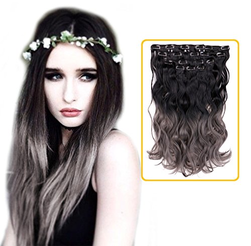 Creamily Natural Black to Dark Grey 2-tone Ombre Color Wavy Clip in Hair Extensions 8 Pieces 18" for a Full Head