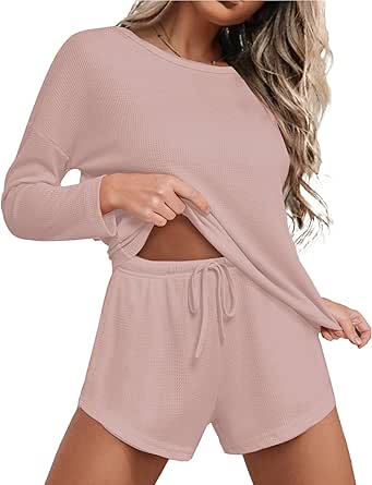 Ekouaer Womens Waffle Knit Pajama Sets Long Sleeve Top and Shorts Matching Lounge Set Loungewear Sweatsuit with Pockets