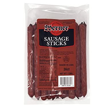 werner original mini sausage sticks beef jerky protein meat snack from tillamook, oregon 36 ct bulk 1.25 pound hunters camping hiking