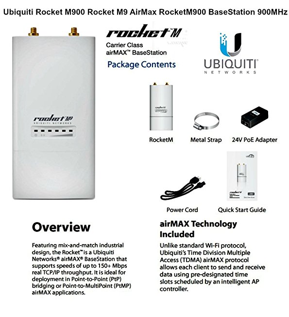 Ubiquiti ROCKETM900 900MHz Hi Power 2x2 MIMO AirMax TDMA