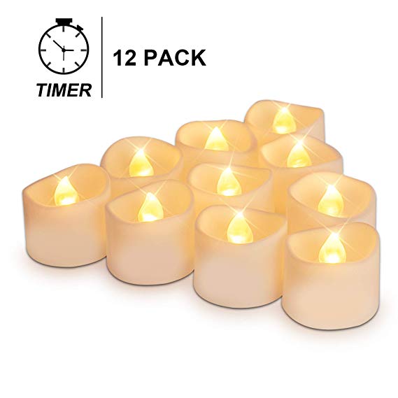 Homemory Set of 12 Bright Warm Yellow Timer Tea Lights, Battery Operated LED Tea Lights with Timer and Flickering Flame, 1.4'' D X H1.25'' H
