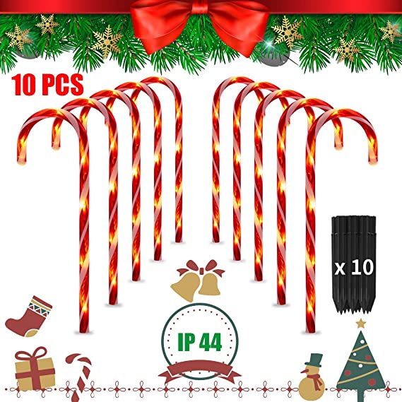 Newtion 10PCS 15.7 Inch Christmas Pathway Markers LED Lights, Candy Cane Lights Decorations - Indoor/Outdoor Christmas Light Stakes