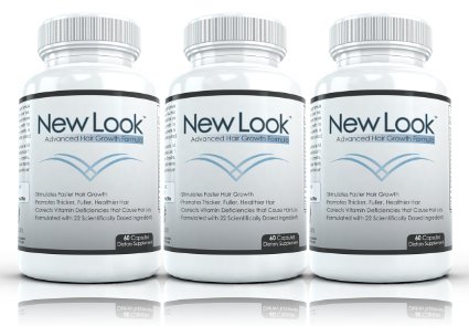 NEW LOOK Clinical Strength Hair Skin and Nails Supplement 3 Bottles - Promotes Faster Hair Growth Beautiful Skin and Strong Healthy Nails - 60 Capsules per Bottle
