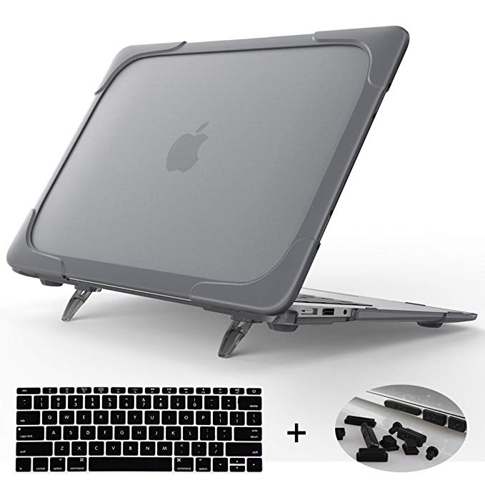 Mektron Shockproof Outer Hard Case Cover with TPU Bumper & Foldable Stand for MacBook Pro 13 with Retina Display (Model A1502/A1425 2015 Release) with Dust Plug & Keyboard Cover (Gray)