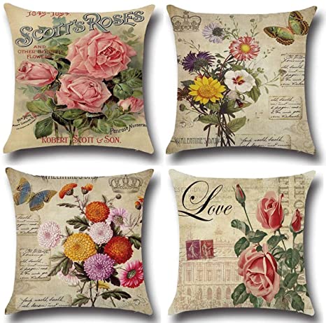 XIECCX Summer Throw Pillow Covers 18x18 Set of 4 Outdoor Pillowcases Flower Home Decorative Pillows Rose Pillows for Couch Sofa Bed Breathable Linen with Hidden Zipper