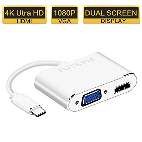 USB C to HDMI VGA Adapter Dual Screen Display, USB 3.1 Type-C to VGA HDMI 4K Converter for Samsung Galaxy S8 Plus/Note 8/ 2016/2017 Macbook Pro/ Chromebook Pixel and More (Thunderbolt 3 compatible)