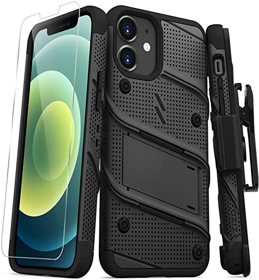 ZIZO Bolt Series for iPhone 12 Mini Case with Screen Protector Kickstand Holster Lanyard - Black