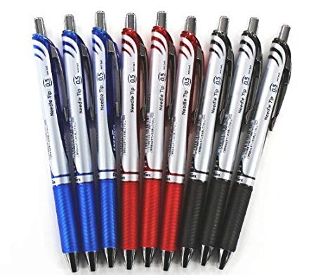 Pentel Energel Deluxe RTX Retractable Liquid Gel Pen,0.5mm, Fine Line, Needle Tip, Black.blue.red Ink-each 3 Pens/total 9 Pens Special Value Set