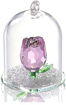 H&D Crystal Enchanted Rose Flower Figurine Dreams Ornament in a Glass Dome Gifts for her (Pink)