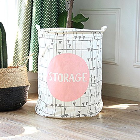 19.7" Large Sized Waterproof Coating Ramie Cotton Fabric Folding Laundry Hamper Bucket Cylindric Burlap Canvas Storage Basket (Pink Stroage)