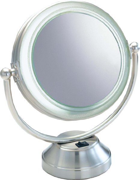 Fluorescent CooliteTM Lighted 8 1/2" Double Sided Swivel Vanity Cosmetic Mirror 8x plus 1x in Satin Nickel
