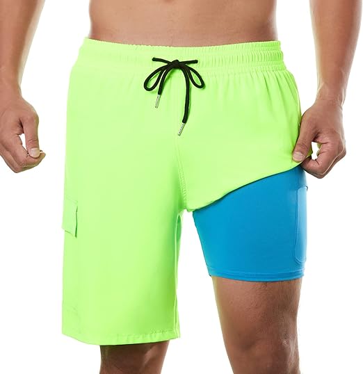 BRISIRA Mens Swim Trunks 9 Inch Inseam Board Shorts with Compression Liner Swimsuit Bathing Suit Quick Dry Cargo Pocket