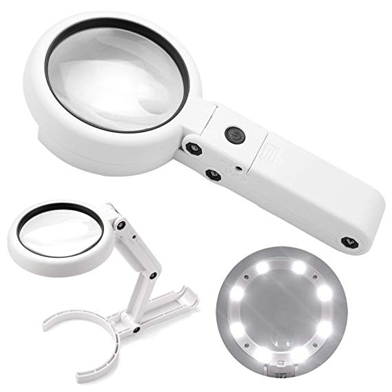 Expower 5X 11X Handheld Magnifier - 8 LED Lights - Foldable Handle - Seniors & Children Magnifying Glasses for Close Work, Reading, Maps, Jewelry, Soldering, Inspection, Watch/Computer Repair