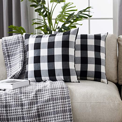 Foindtower Pack of 2 Decorative Cotton Buffalo Throw Pillow Covers Classic Check Plaid Gingham Cushion Cover Rustic Farmhouse Modern Retro Decor for Sofa Bedroom Chair 18 x 18 Inch Black White