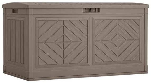 Suncast Baywood 80-Gallon Large Deck Box - Lightweight Resin Outdoor Storage Deck Box for Patio Cushions, Gardening Tools and Toys - Dark Taupe