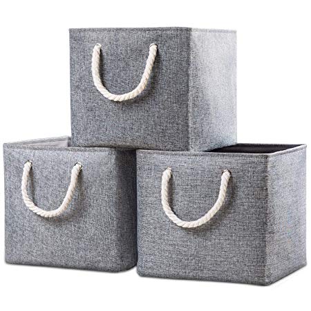 Prandom Large Foldable Cube Storage Baskets Bins 13x13 inch [3-Pack] Fabric Linen Collapsible Storage Bins Cubes Drawer with Cotton Handles Organizer for Shelf Toy Nursery Closet Bedroom(Gray)
