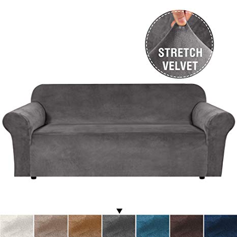 Luxurious Real Velvet High Stretch Sofa Cover/Slipcover Soft Spandex Form Fit Slip Resistant Stylish Velvet Plush Furniture Cover Couch Covers Slip Covers Machine Wash, Sofa 3 Seater, Grey