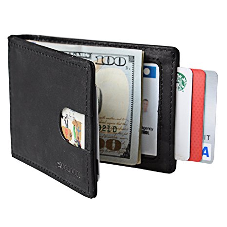 Minimalist Wallet - Leather, RIFD Blocking, Slim Bifold For Men With Money Clip