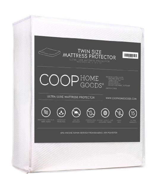 Ultra Luxe Bamboo derived Viscose Rayon Mattress Pad Protector Cover by Coop Home Goods - Cooling Waterproof Hypoallergenic Topper - Twin - White