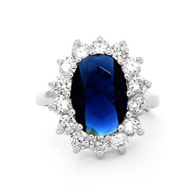 Solid Sterling Silver Rhodium Plated Simulated Blue Sapphire and Cubic Zirconia Halo Ring