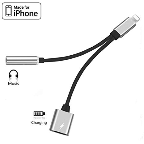 Headphone Adapter for iPhone 7 Adaptor Aux Audio to 3.5mm Jack 2 in 1 Cables Earphone Adapter Splitter Dongle for Music and Charging Compatible with iPhone 7/7Plus/8/8Plus /X/XS Max for All iOS