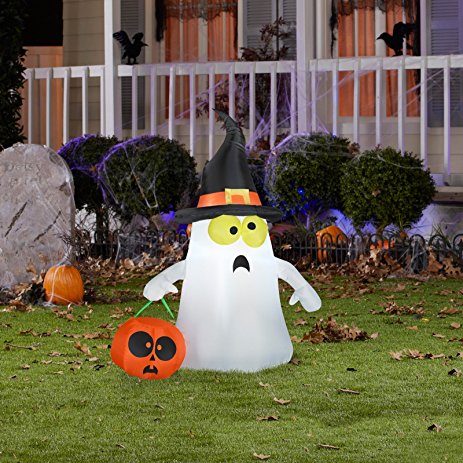 Gemmy Outdoor Ghost with Witch Hat, White, Standard