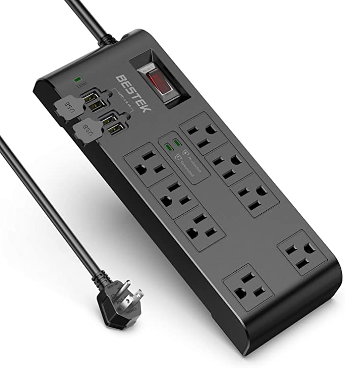 BESTEK 4,000 Joules Surge Protector with USB, Power Strips with 8 AC Outlets 15A 125V, DC 5V 4.2A 4 Smart USB Charging Ports, Long 6 Feet Heavy Duty Extension Cords, FCC ETL Listed, Black