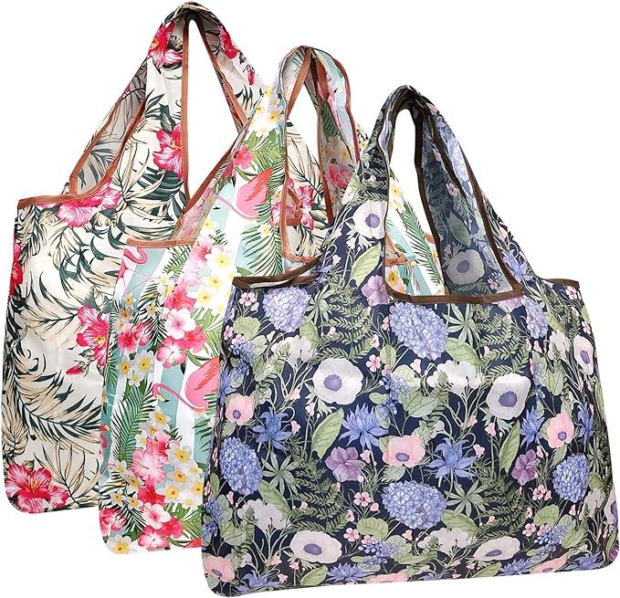 allydrew Large Foldable Tote Nylon Reusable Grocery Bags, 3 Pack, Exotic Bouquet