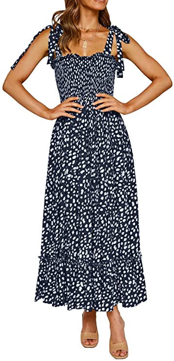 R.Vivimos Women's Summer Straps Cotton Irregular Polka Dot Ruffles Midi Dress