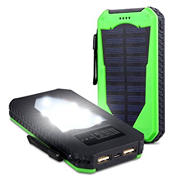 Foreverrise Solar Charger 15000mAh High Capacity Solar Panel Power Bank Portable Battery Pack Bright LED lights Dual USB Solar Battery Charger for Cell Phone,Tablet and othersUSB Devices(Green)