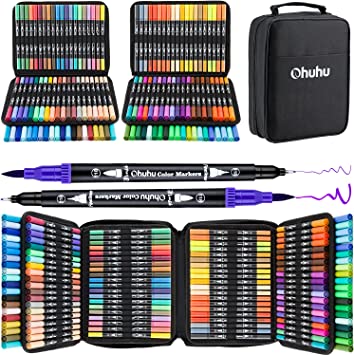 Ohuhu Water Based Brush Markers: Dual Tips - 160 Colors Art Markers Set Coloring Brush Fineliner Color Marker Pens for Calligraphy Drawing Sketching Coloring Bullet Journal Art Supplies - Black