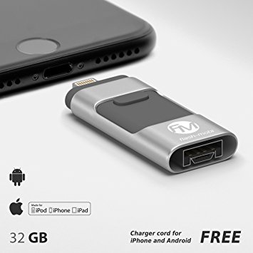 Flash Drive for iPhone (32 Gb) Lightning and Android Connector, External Memory, Compatible with iPhone and Android, 3 in 1 Charging Cable for free (Silver)