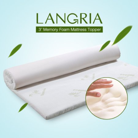 LANGRIA 3-Inch Memory Foam Mattress Topper with Removable Zippered Hypoallergenic Bamboo Cover - CertiPUR-US Certified Memory Foam - Queen