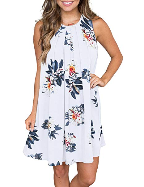 MEROKEETY Women's Sleeveless Floral Print Pleated Summer Loose Casual Mini Tank Dress