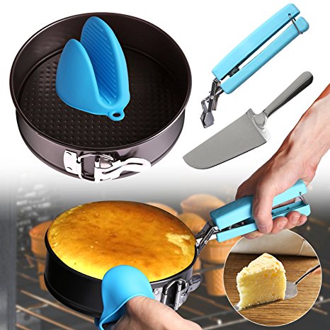 6 Inch Kitchen Accessories Springforms Leakproof Cake Pan Round Pan,Silicone Oven Mitts,Pan Gripper Clip,Cake Knife & Server