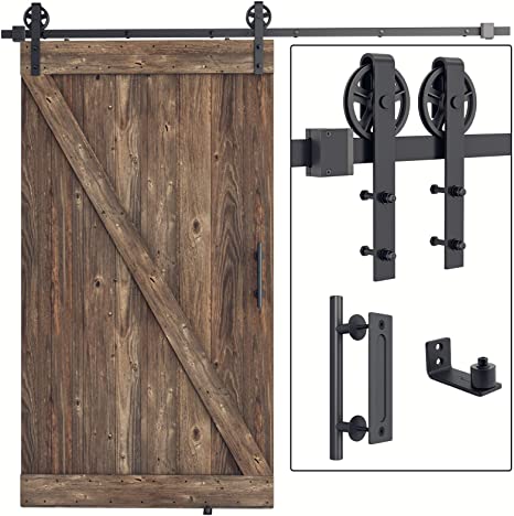 SMARTSTANDARD 8FT Heavy Duty Sliding Barn Door Hardware Kit,Black, (Whole Set Includes 1x Pull Handle Set & 1x Floor Guide) Fit 48" Wide Door Panel (Big Industrial Wheel Hangers)