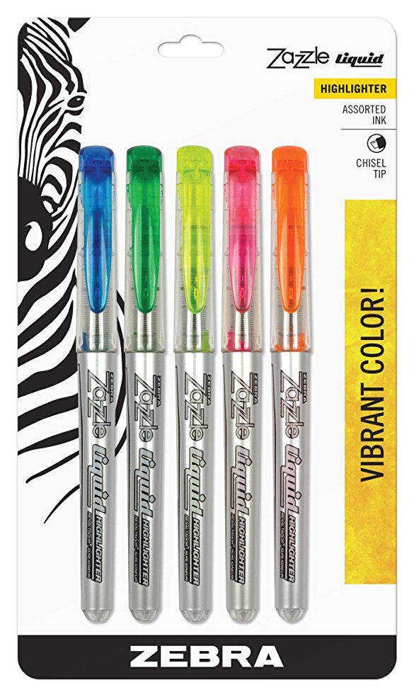 Zebra Zazzle Liquid Ink Highlighter, Chisel Tip, Assorted Colors, 5-Count