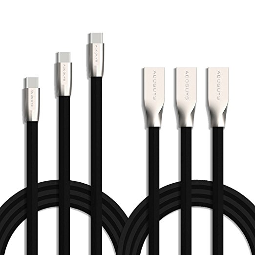 Type C Cable,ACCGUYS 3Pack 3ft 6ft 10ft Znic Alloy USB C Data & Charging Cable with Aluminum Connector for Nexus 6P/5X, LG G5, OnePlus 2 and More (Black)